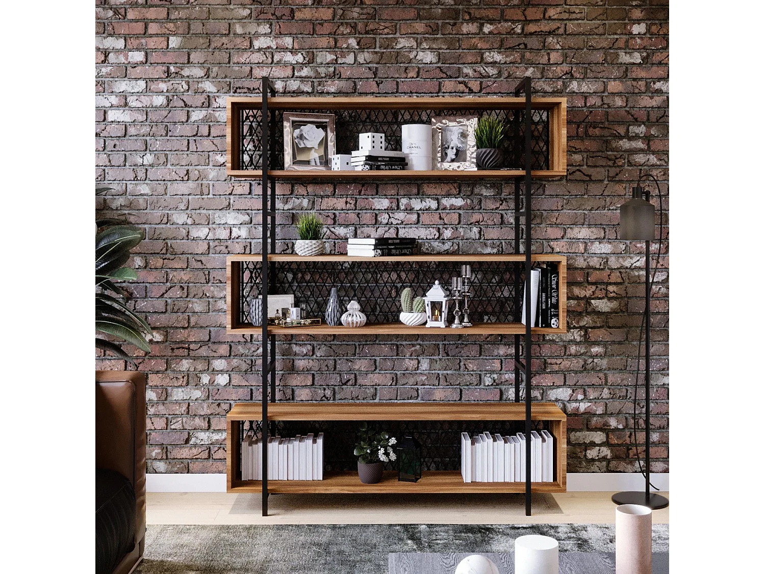 Etagère bibliothèque style industriel Mobilis 140x180cm Bois Naturel et Métal Noir