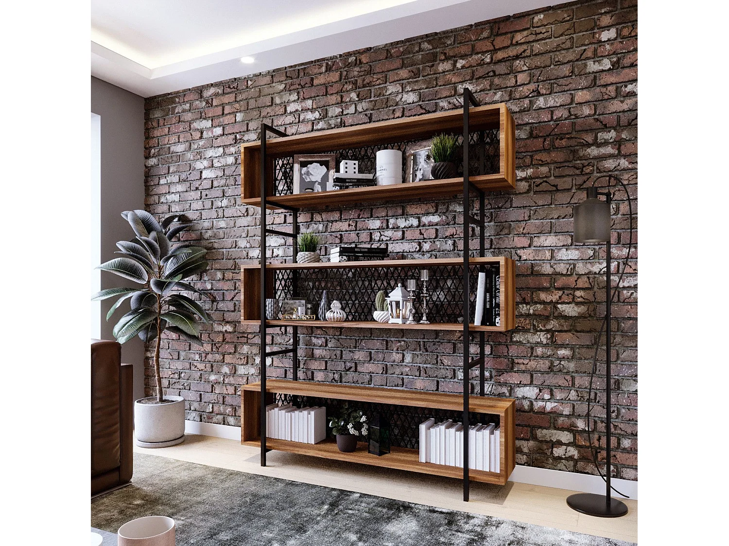 Etagère bibliothèque style industriel Mobilis 140x180cm Bois Naturel et Métal Noir