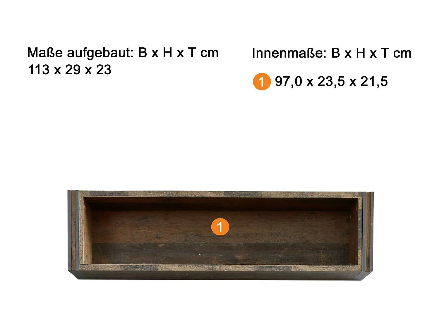 Meuble Salon-Séjour - Tablette murale en mélaminé bois effet vieilli. L-H-P : 113-29-23 cm