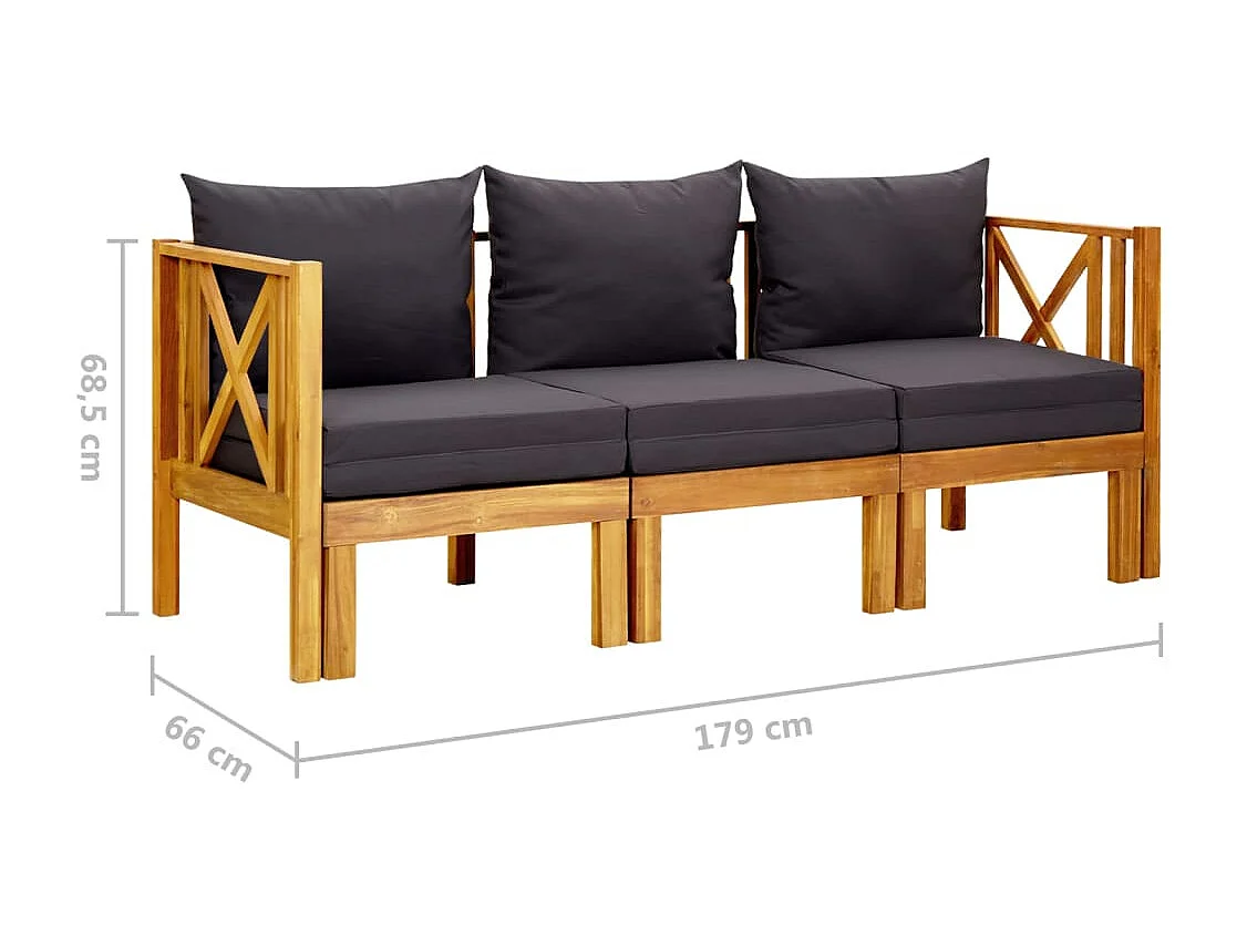 Banc de jardin 3 places et coussins 179cm Bois d'acacia massif 2