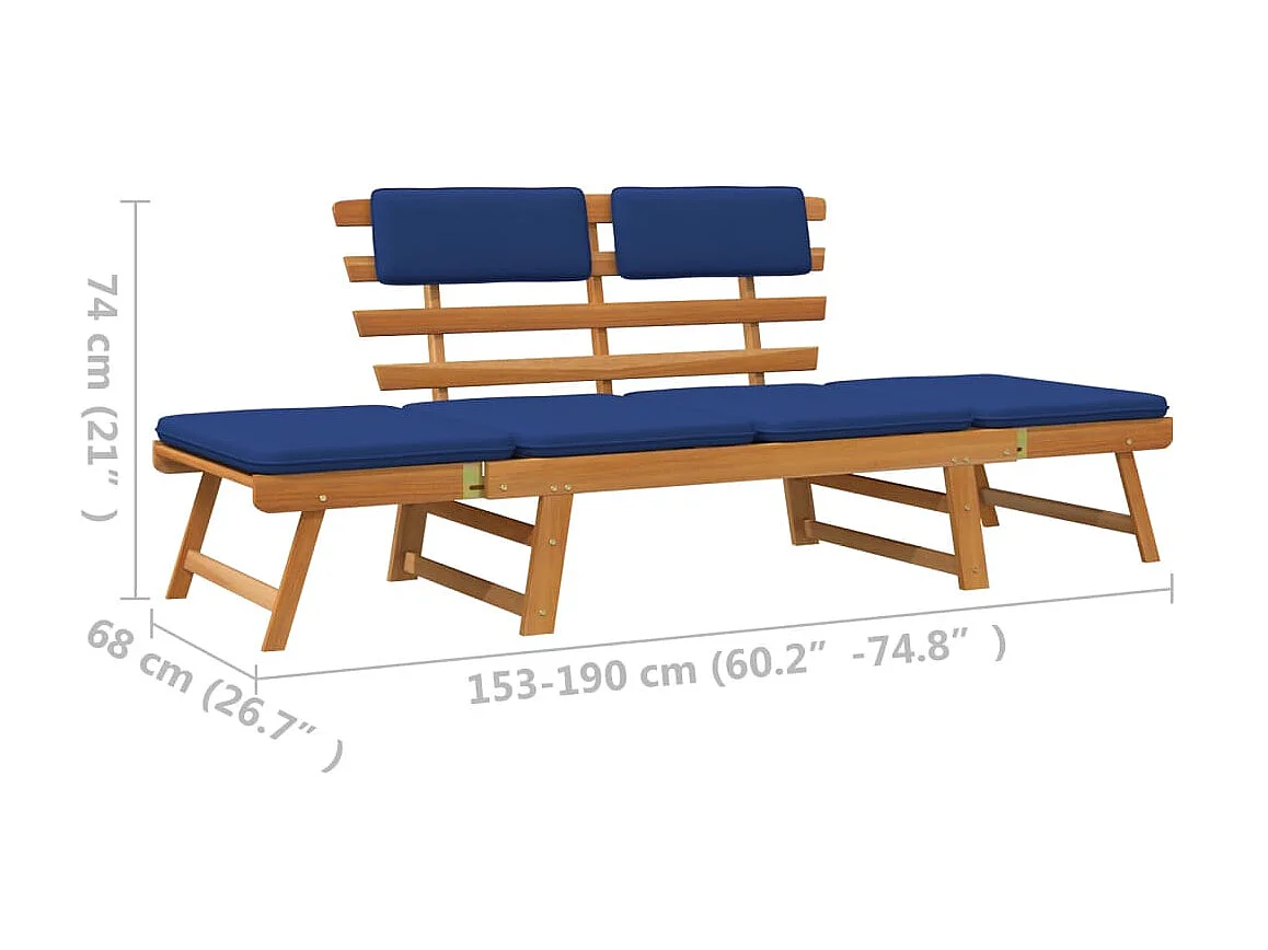 Banc de jardin avec coussins 2-en-1 190cm Bois solide d'acacia 2