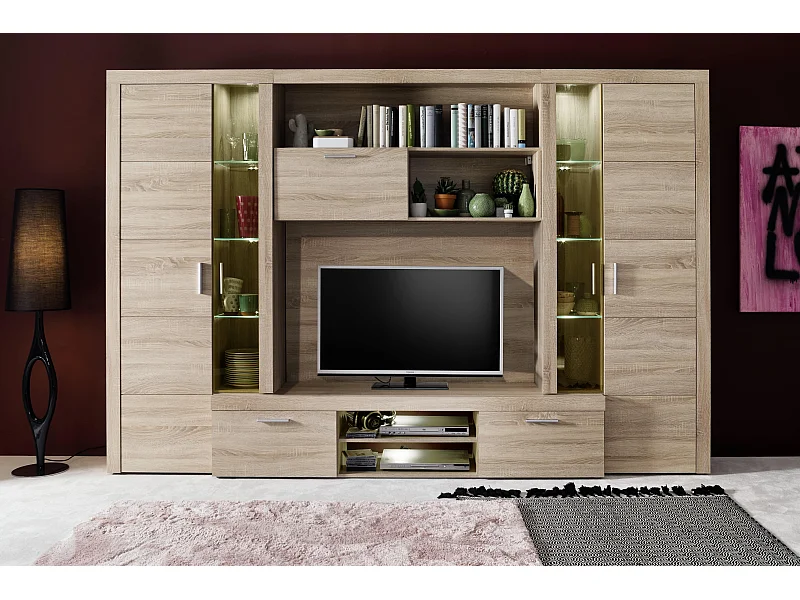 Meuble TV + LED inclus - Mélaminé - Naturel - 291 - 197 - 41 cm
