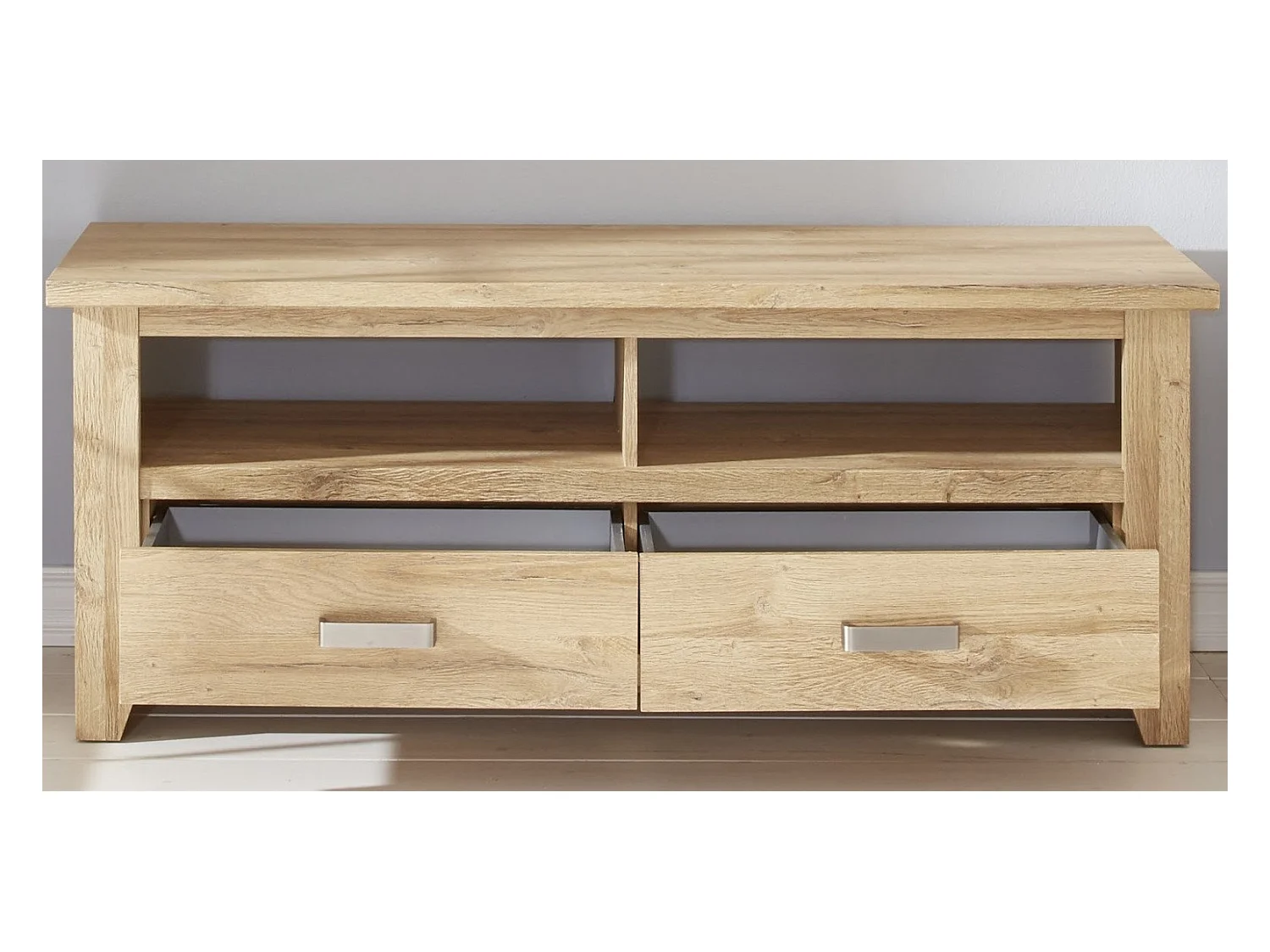 Meuble de salon. Meuble TV mélaminé coloris chêne + LED. L - H - P : 143 | 57 | 48 cm.