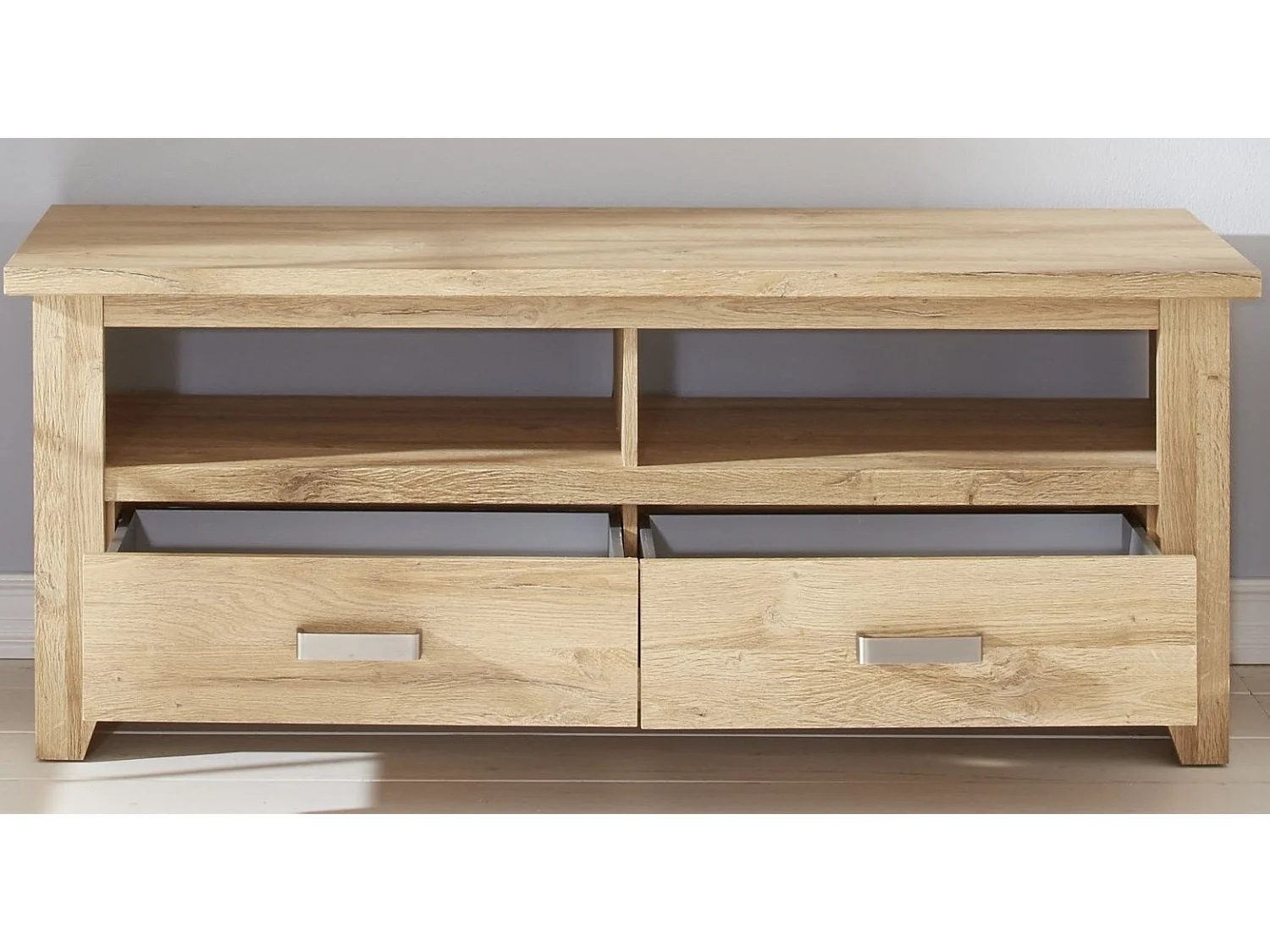 Meuble de salon. Meuble TV mélaminé coloris chêne + LED. L - H - P : 143 | 57 | 48 cm.