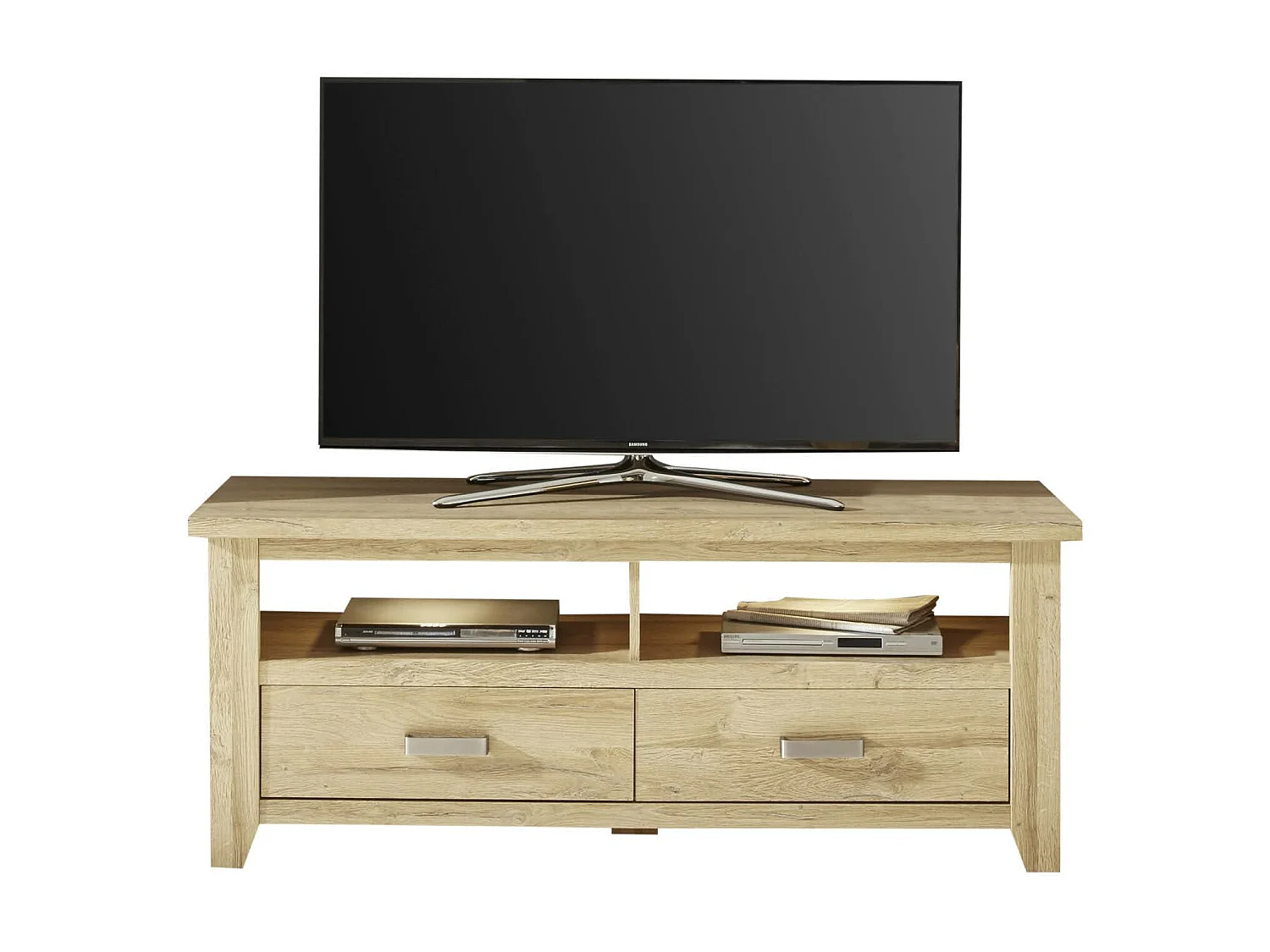 Meuble de salon. Meuble TV mélaminé coloris chêne + LED. L - H - P : 143 | 57 | 48 cm.
