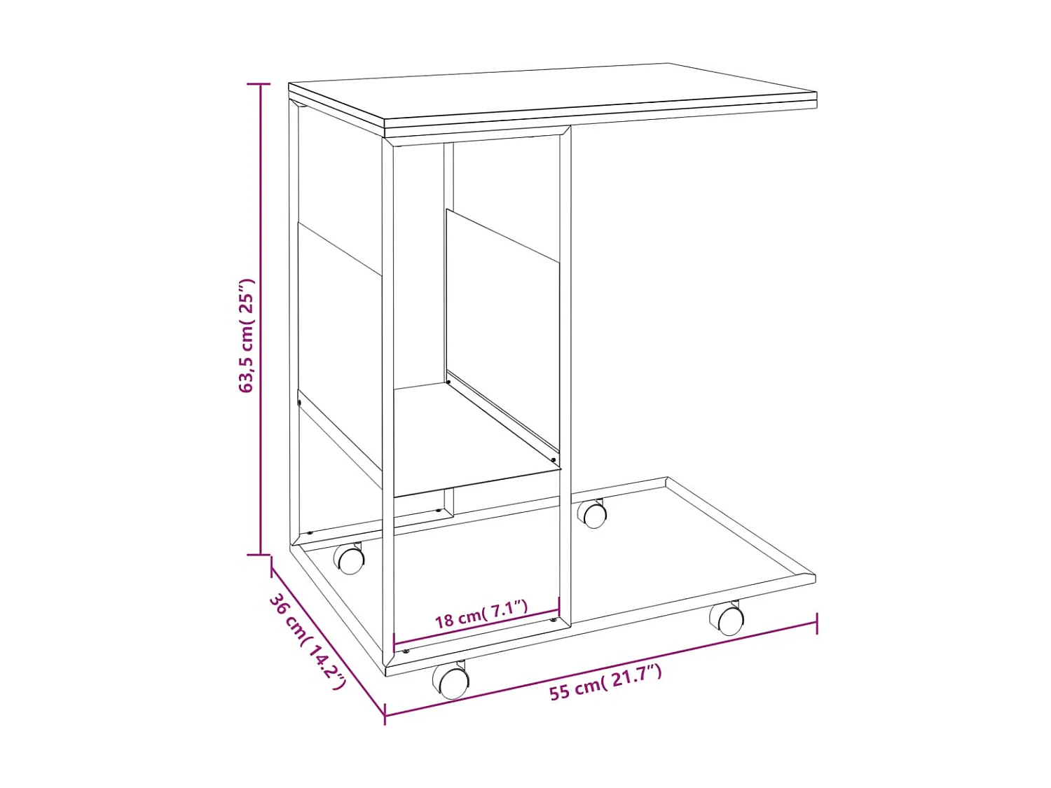 Table d'appoint avec roues Noir 55x36x63,5 Bois d'ingénierie