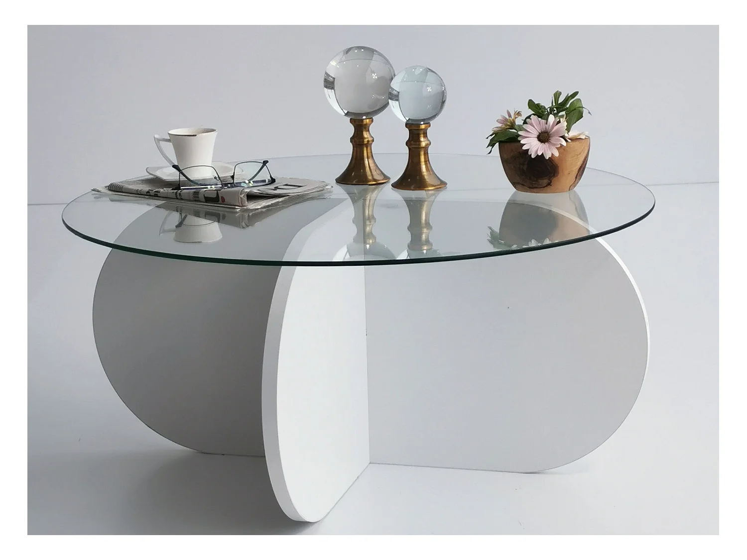 Mesa de café Kailua 239, Blanco, 35cm, Diámetro: 75, Vidrio templado, Redonda