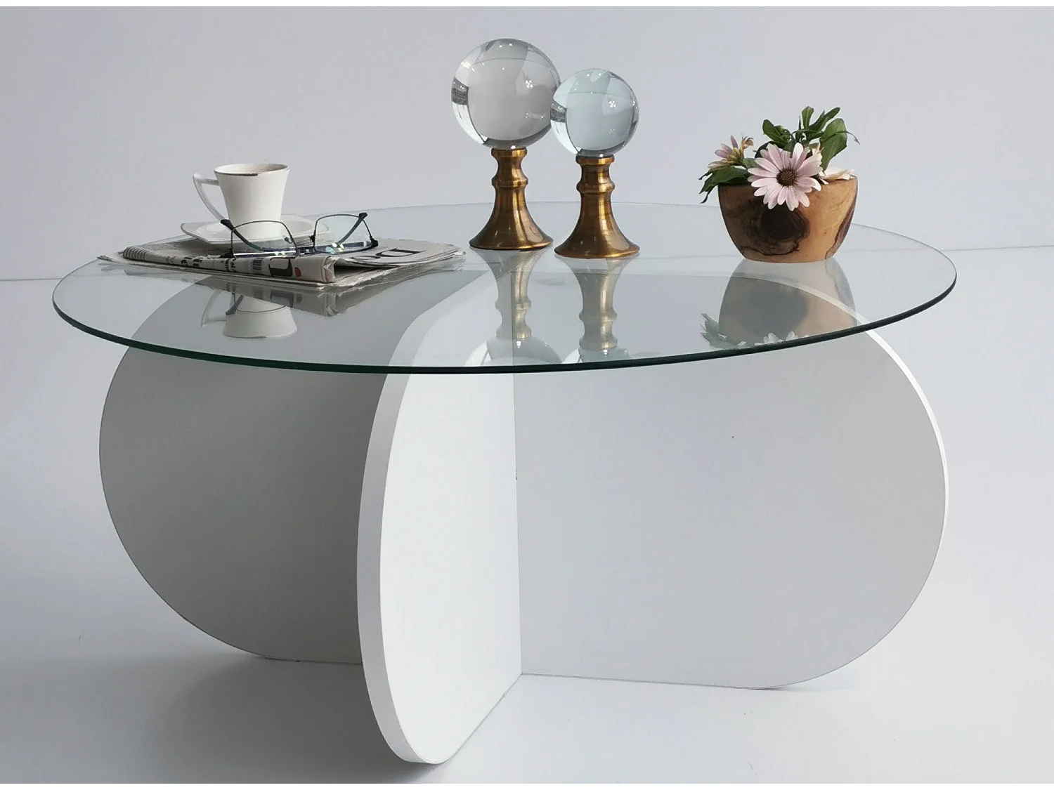 Mesa de café Kailua 239, Blanco, 35cm, Diámetro: 75, Vidrio templado, Redonda