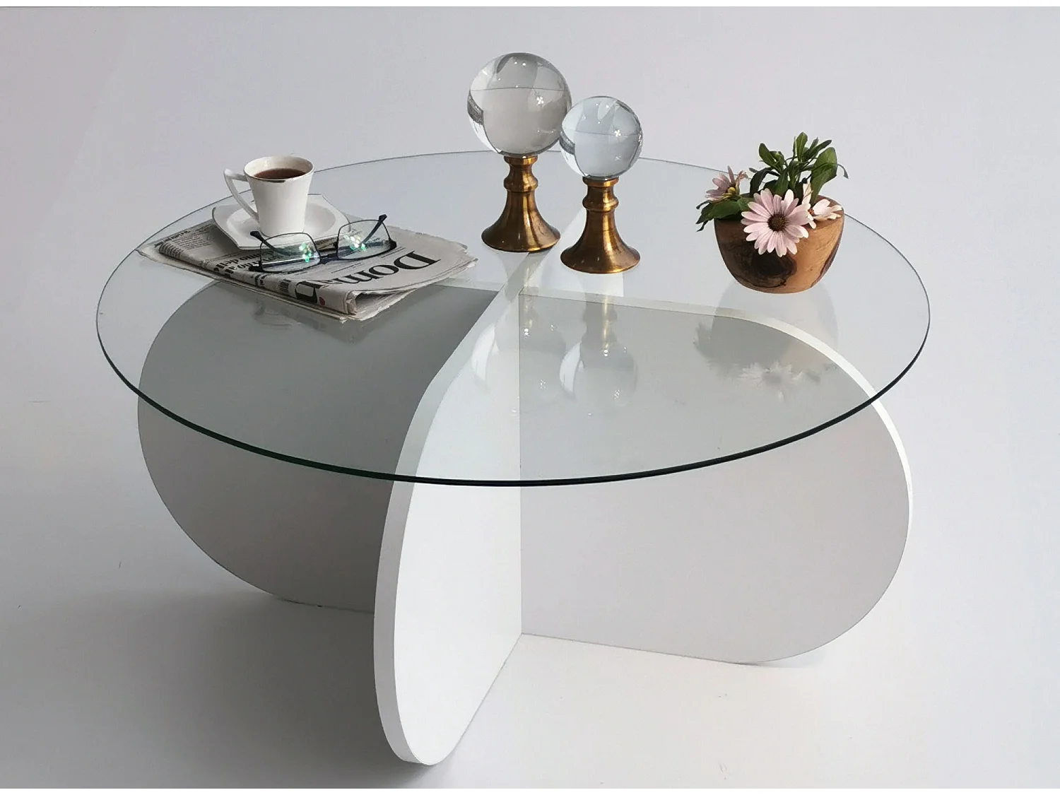 Mesa de café Kailua 239, Blanco, 35cm, Diámetro: 75, Vidrio templado, Redonda