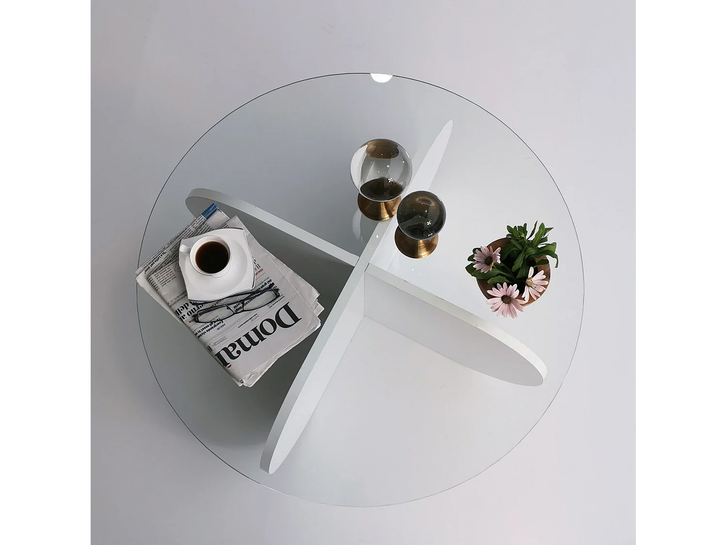 Mesa de café Kailua 239, Blanco, 35cm, Diámetro: 75, Vidrio templado, Redonda