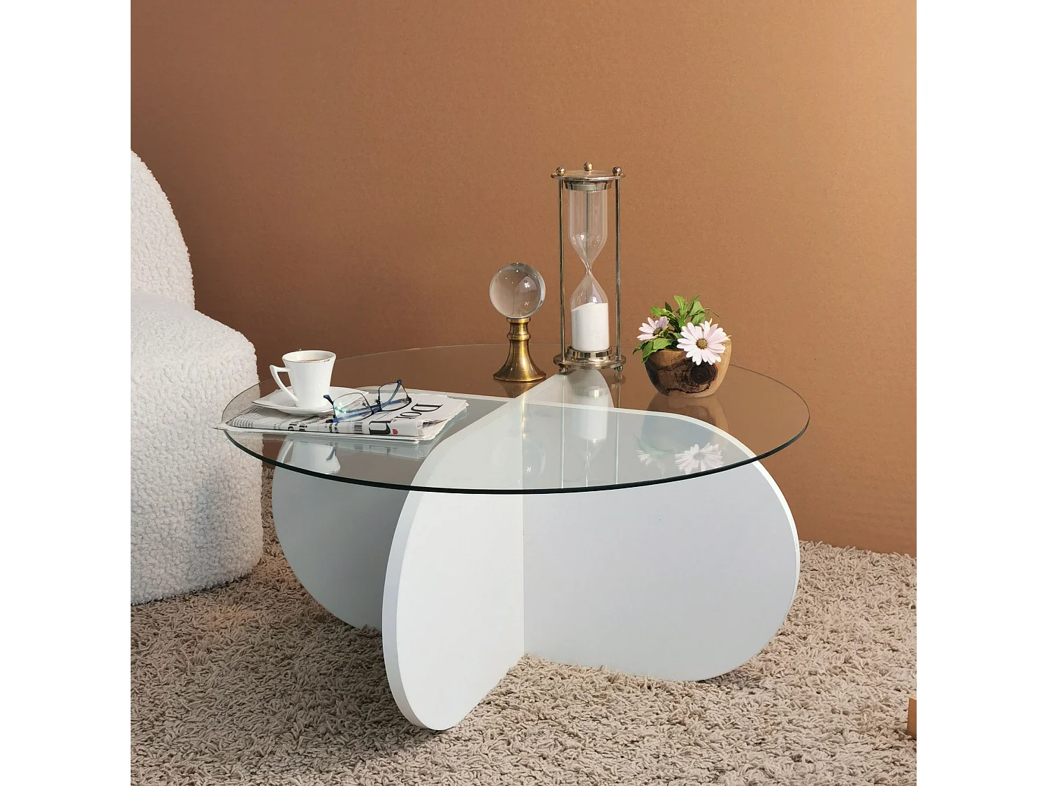 Mesa de café Kailua 239, Blanco, 35cm, Diámetro: 75, Vidrio templado, Redonda