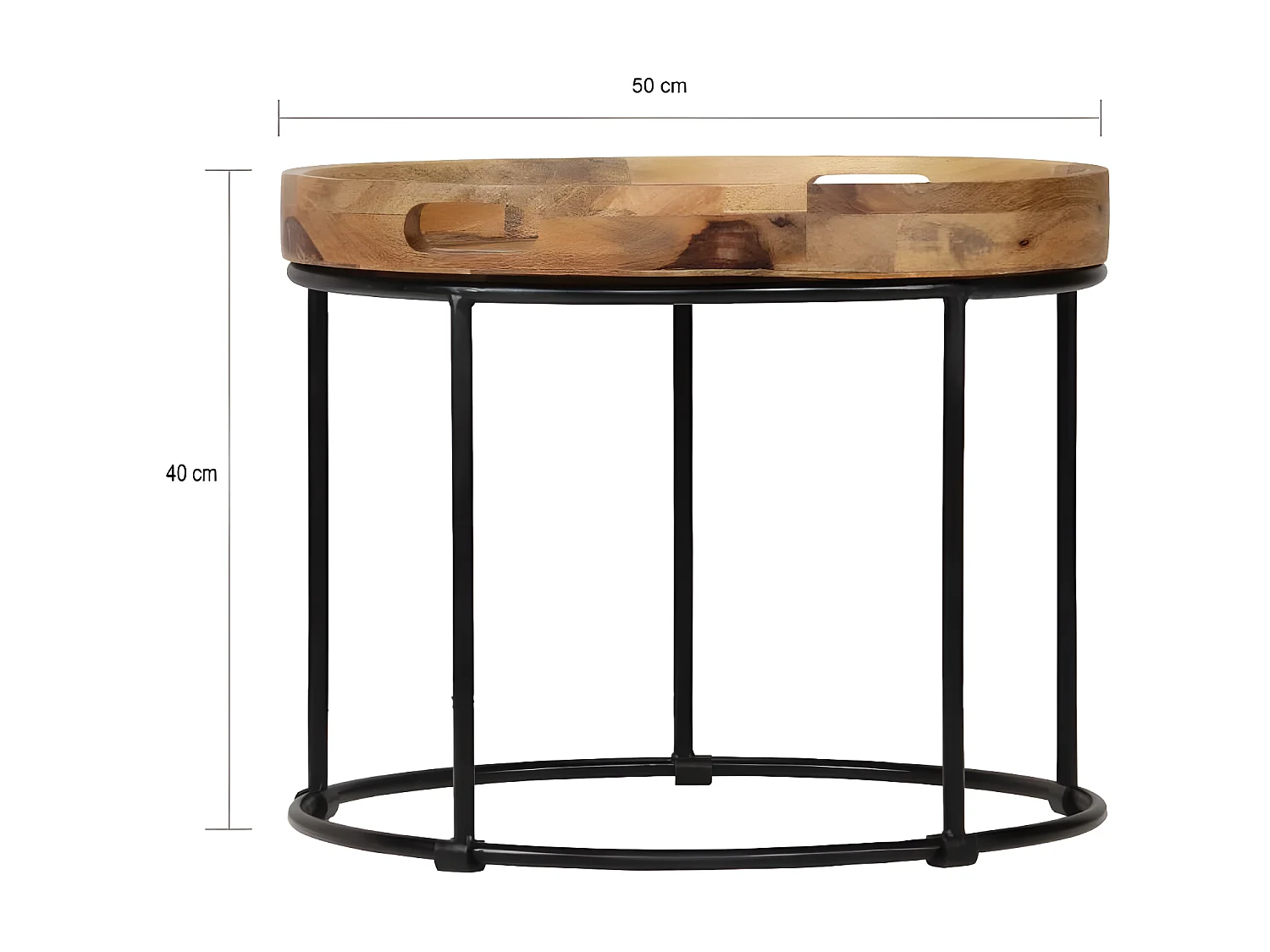 Table basse ronde manguier massif clair et métal noir Sopra