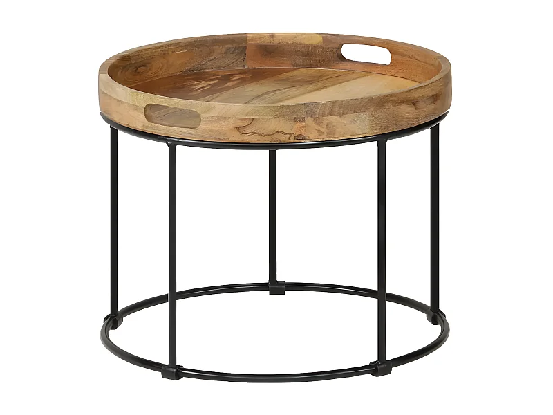 Table basse ronde manguier massif clair et métal noir Sopra