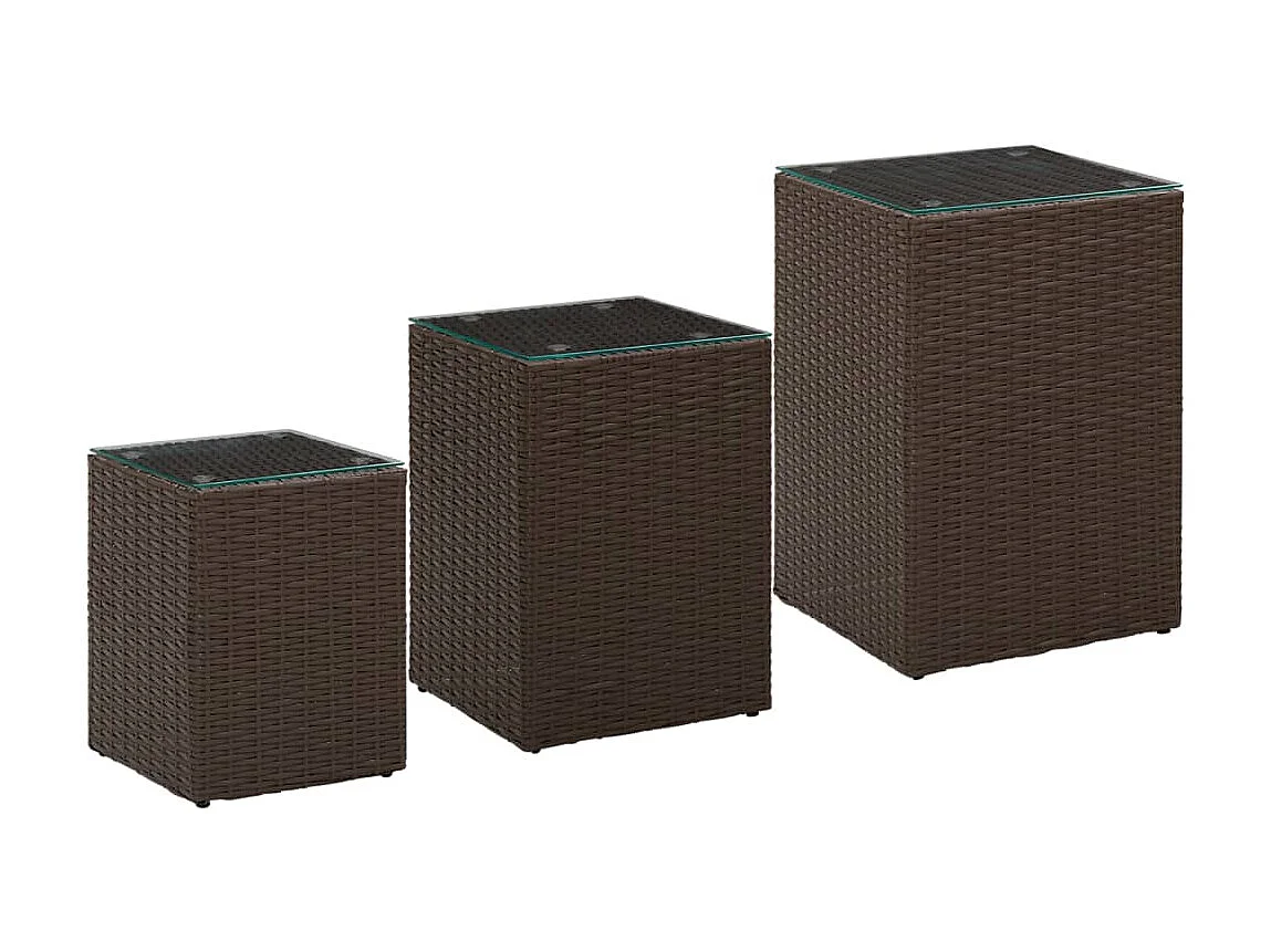 Tables d'appoint 3 pcs et dessus en verre Marron Résine tressée