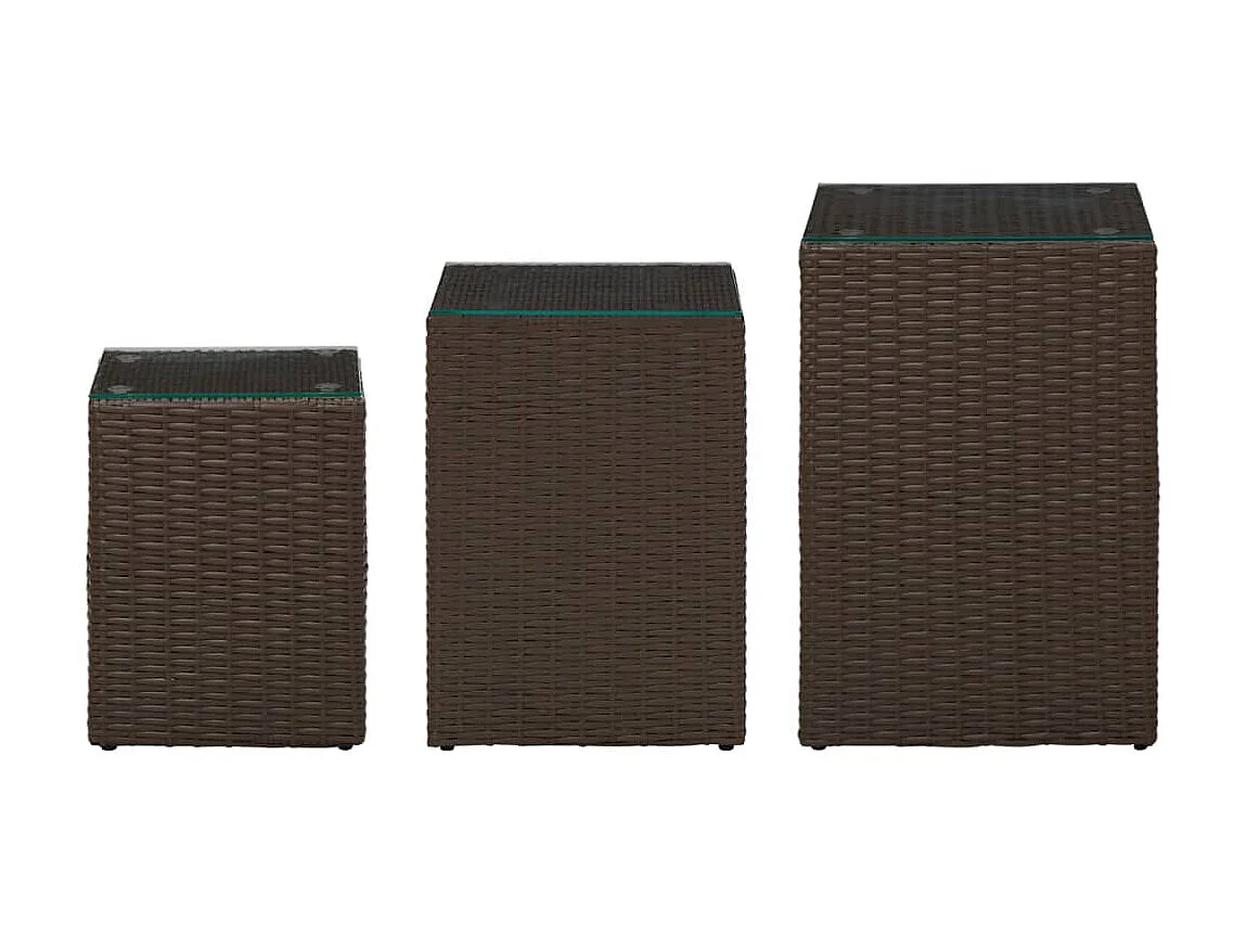 Tables d'appoint 3 pcs et dessus en verre Marron Résine tressée