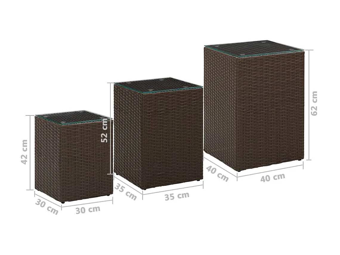 Tables d'appoint 3 pcs et dessus en verre Marron Résine tressée