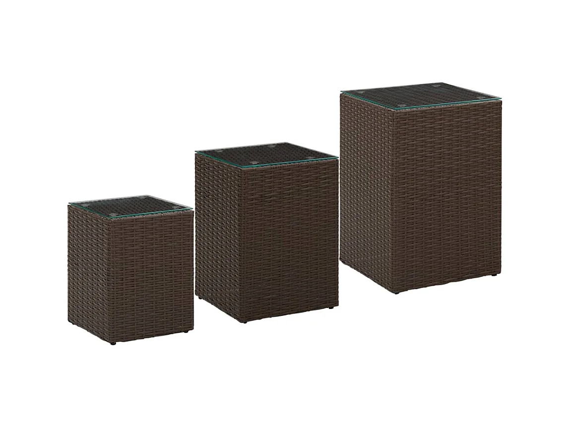 Tables d'appoint 3 pcs et dessus en verre Marron Résine tressée
