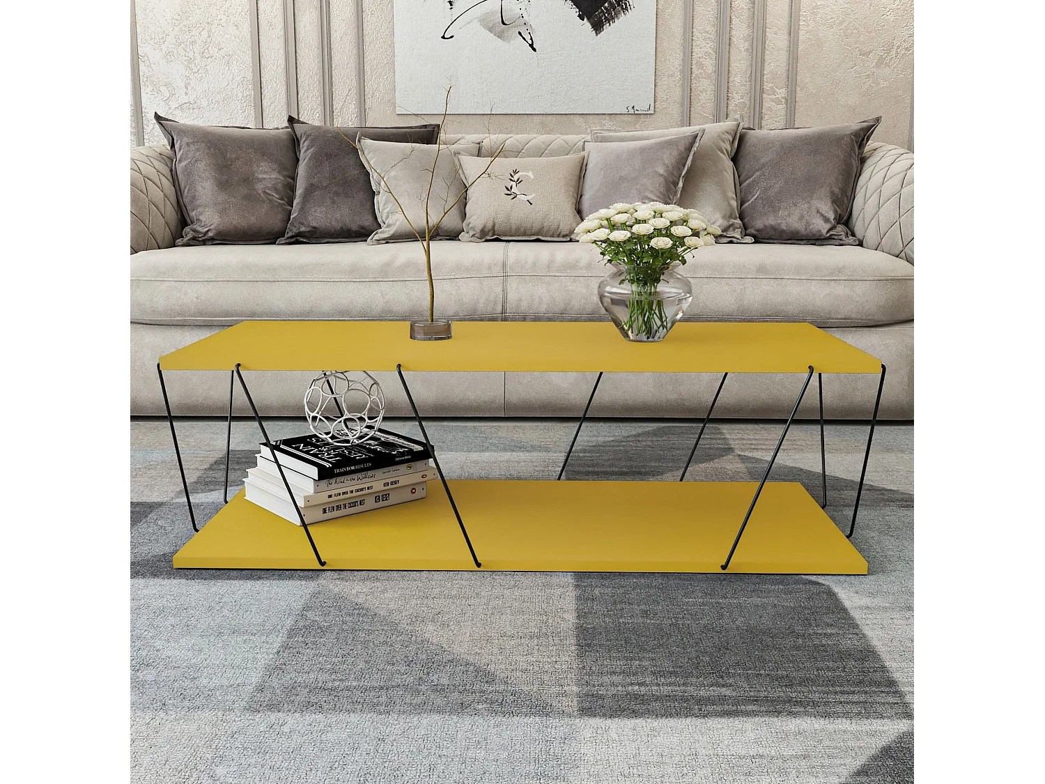 Mesa de café Kailua 366, Amarillo|Negro, 30x50x120cm, Aglomerado laminado, Angular