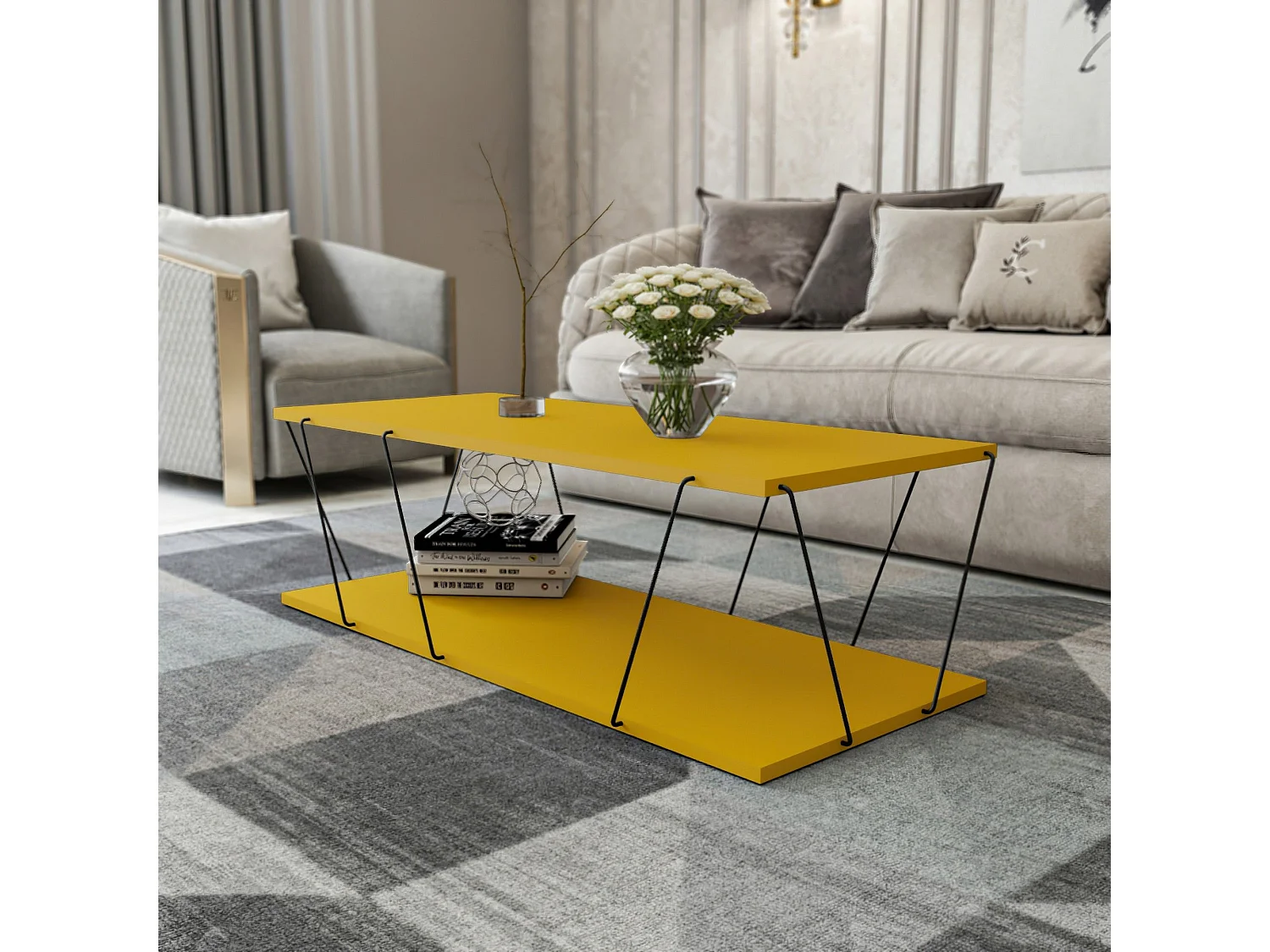 Table basse Milanda 120x50cm Métal Noir et Bois Jaune