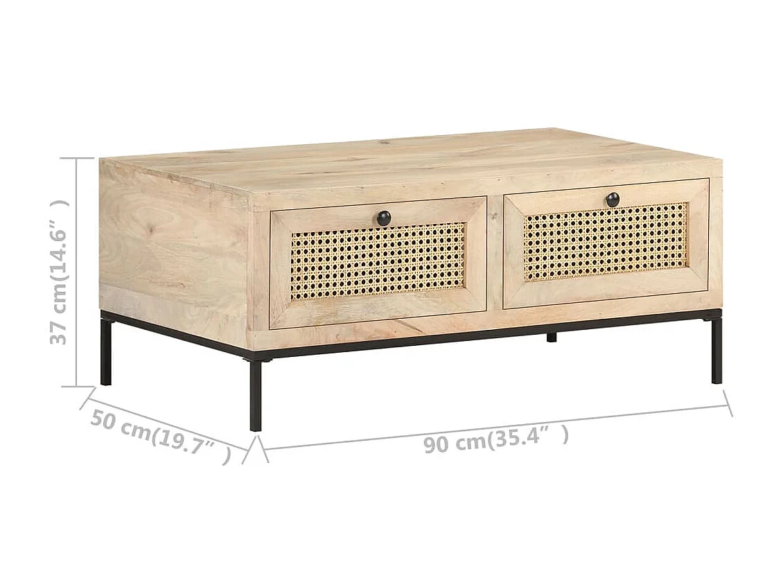 Table basse 90x50x37 Bois de manguier et canne naturelle