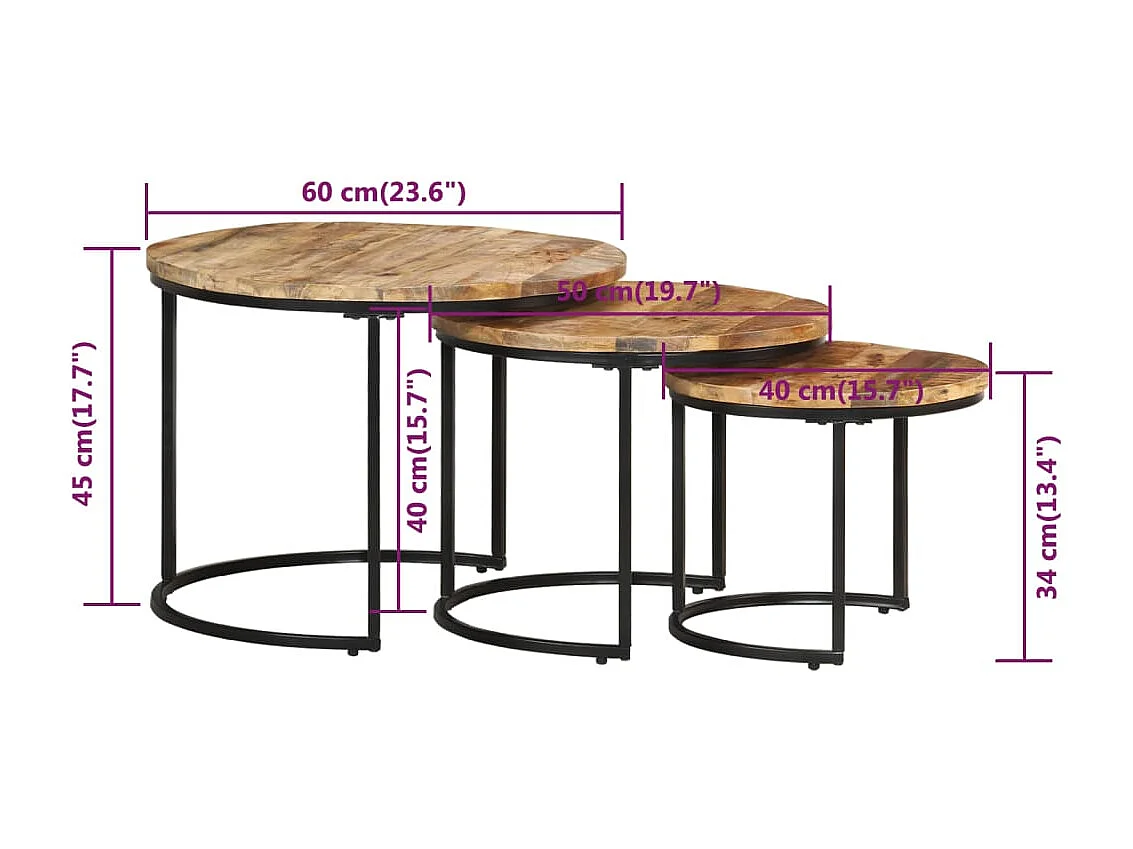 Tables gigognes 3 pcs Bois de manguier brut