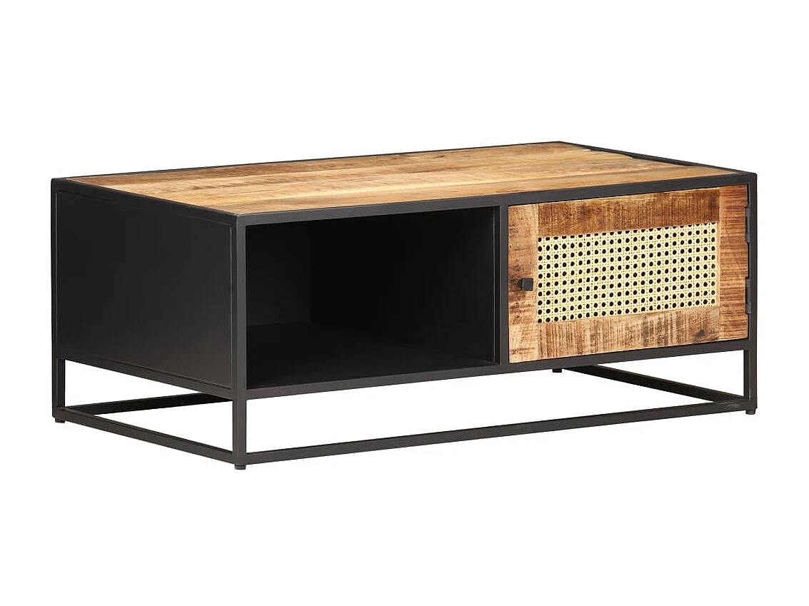 Table basse 90x50x35 Bois de manguier brut et canne naturelle