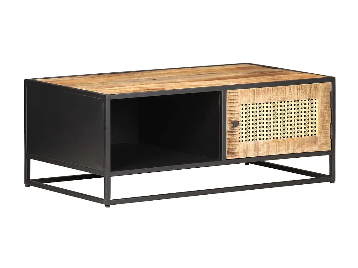 Table basse 90x50x35 Bois de manguier brut et canne naturelle