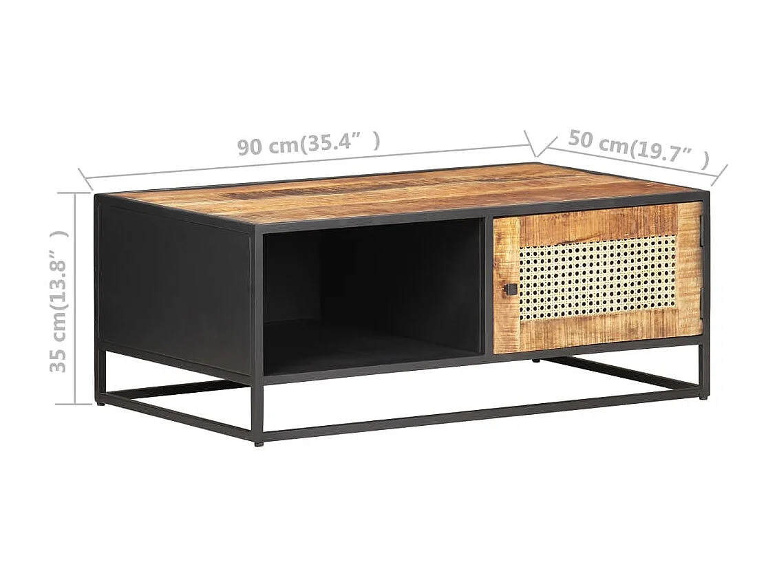 Table basse 90x50x35 Bois de manguier brut et canne naturelle