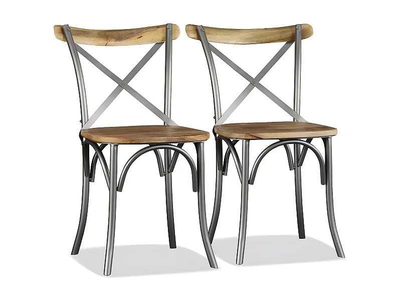 Chaise de cuisine bois vintage massif clair et métal gris Tiphen - Lot de 2