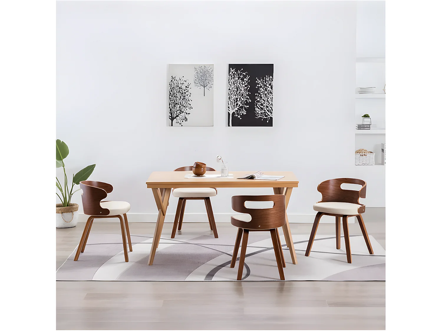 Chaise de salle à manger bois courbé foncé et simili cuir beige Laetitia- Lot de 4