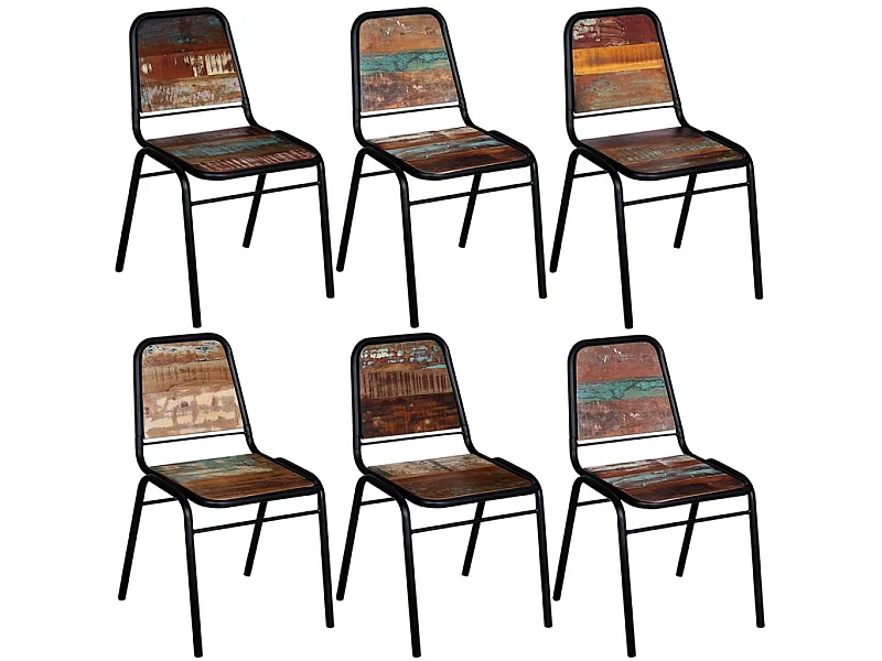 Chaise vintage bois recyclé massif et métal noir Vosa - Lot de 6