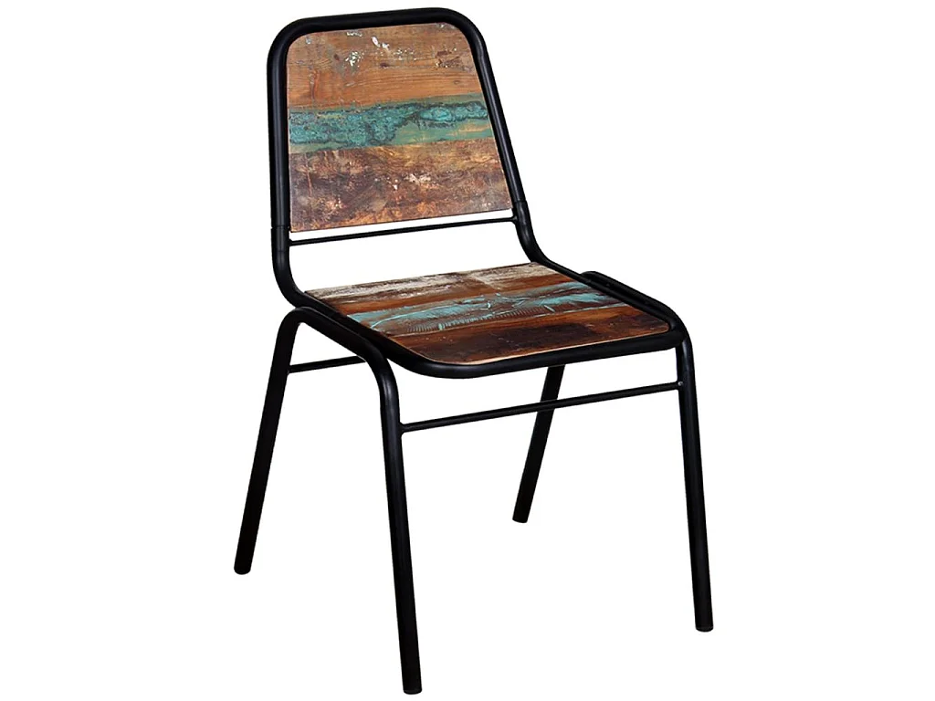 Chaise vintage bois recyclé massif et métal noir Vosa - Lot de 6