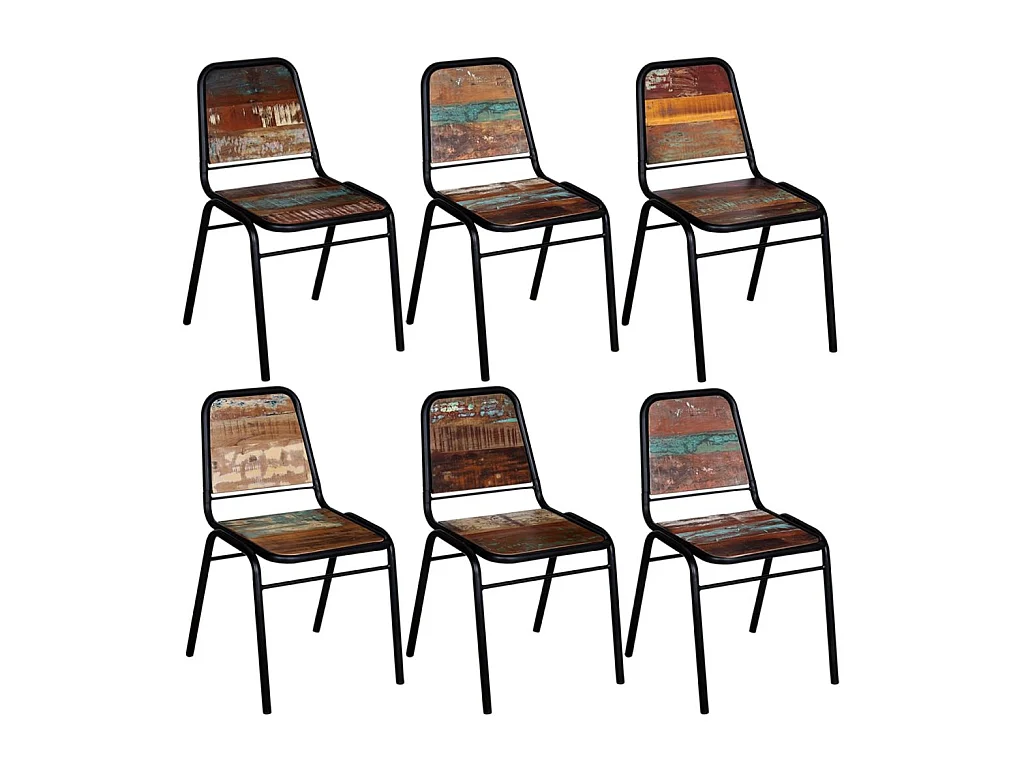 Chaise vintage bois recyclé massif et métal noir Vosa - Lot de 6