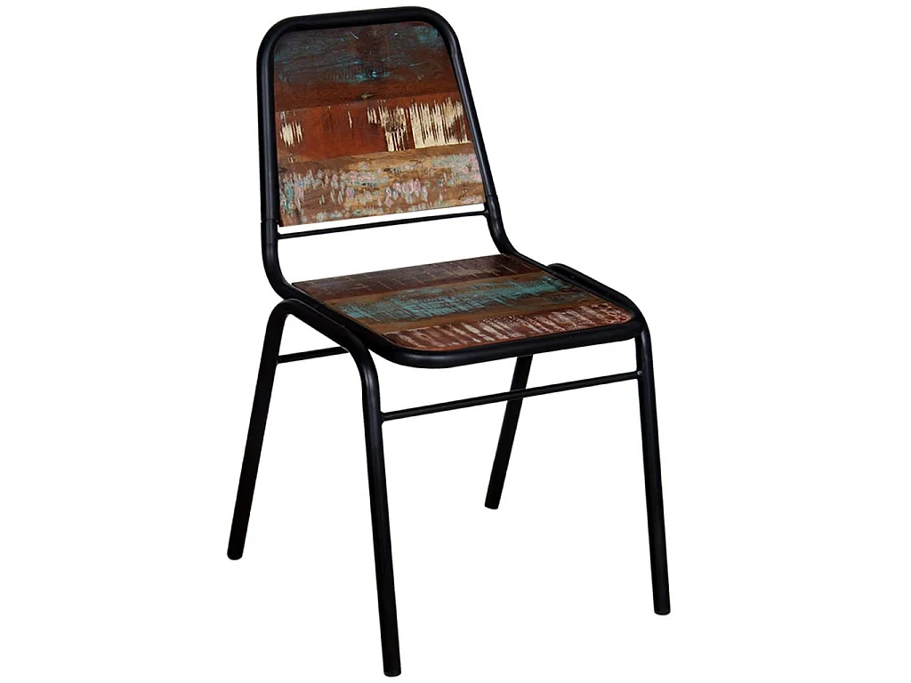 Chaise vintage bois recyclé massif et métal noir Vosa - Lot de 6