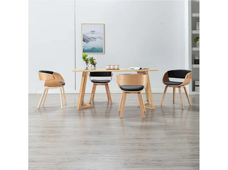 Chaise de salle à manger bois clair et simili cuir noir Onetop - Lot de 4