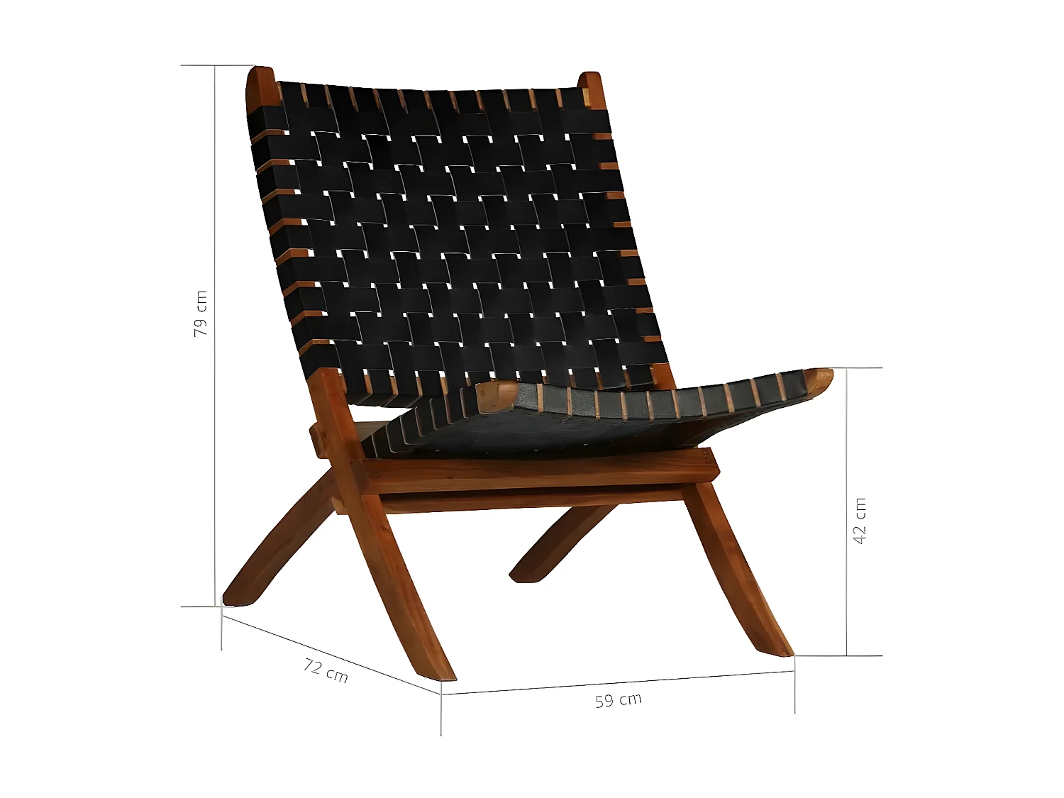 Chaise pliante cuir bandes noir et acacia laqué clair Manilou