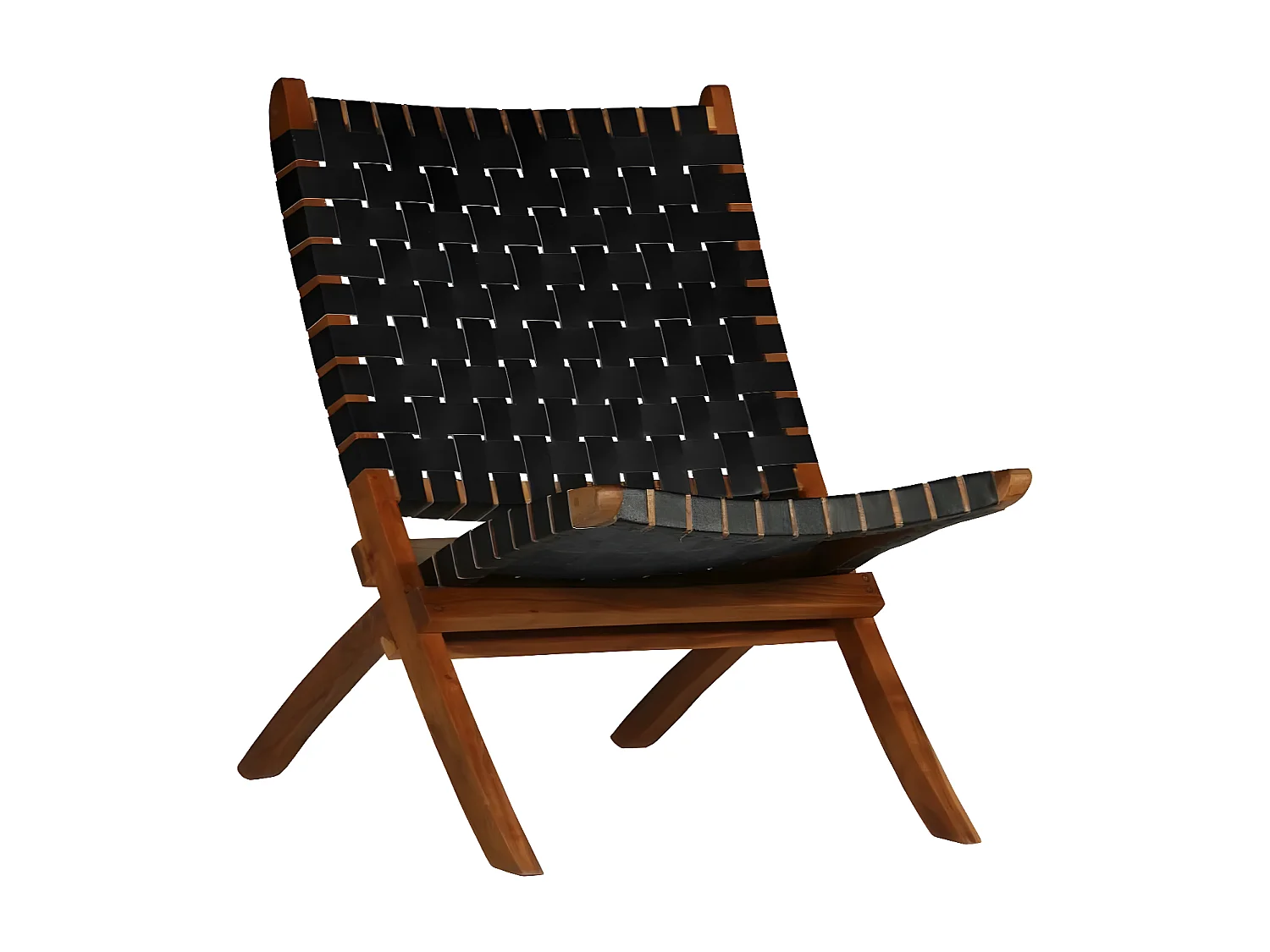 Chaise pliante cuir bandes noir et acacia laqué clair Manilou