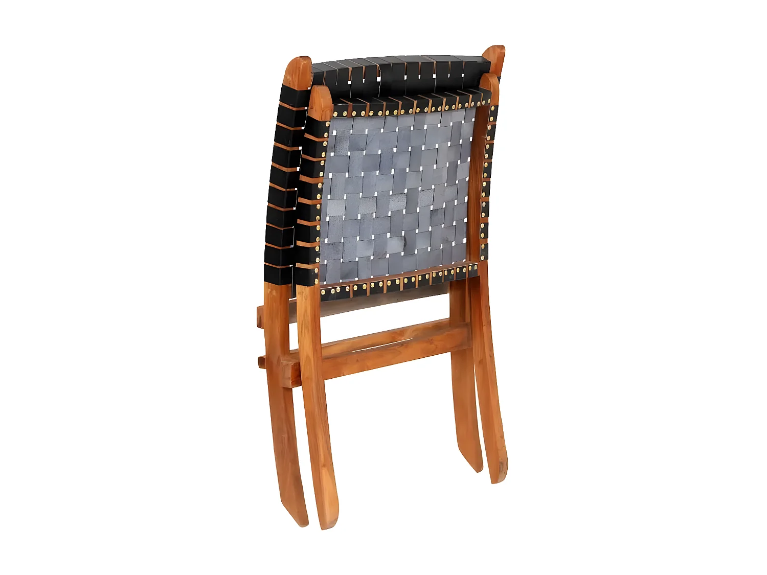 Chaise pliante cuir bandes noir et acacia laqué clair Manilou