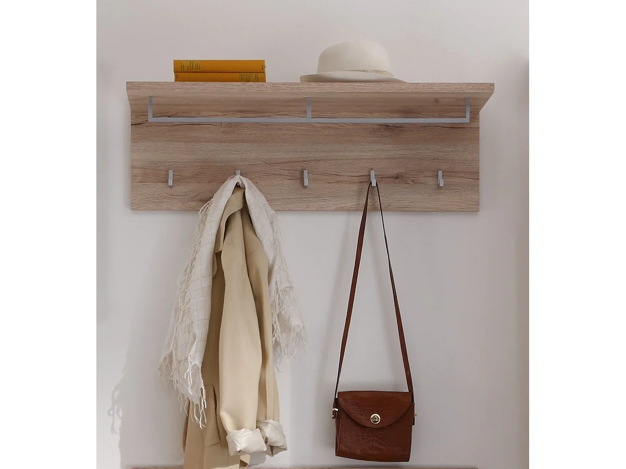 Meuble d'entrée. Porte-manteaux 5 crochets en mélaminé couleur bois. L-H-P : 88 - 19 - 27 cm
