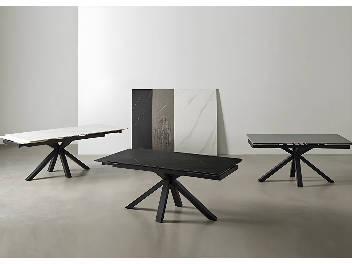 Table rectangulaire extensible porcelaine et métal noir Slika-Plateau Noir-Largeur 180/220/260 cm-Piètement Noir