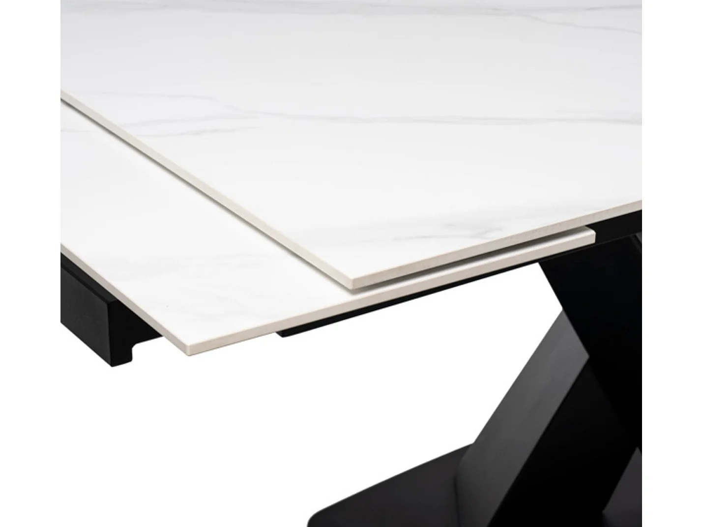 Table design extensible plateau porcelaine et pieds métal noir Konty-Couleur Blanc-Largeur 180/220/260 cm