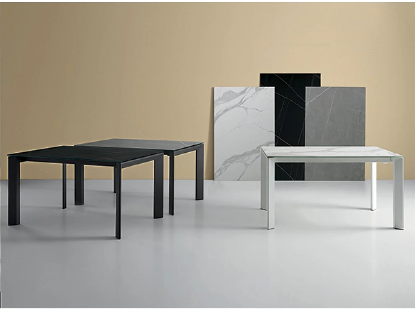 Table rectangulaire extensible porcelaine et métal Spanila-Plateau Blanc-Largeur 140/200 cm-Piètement Anthracite