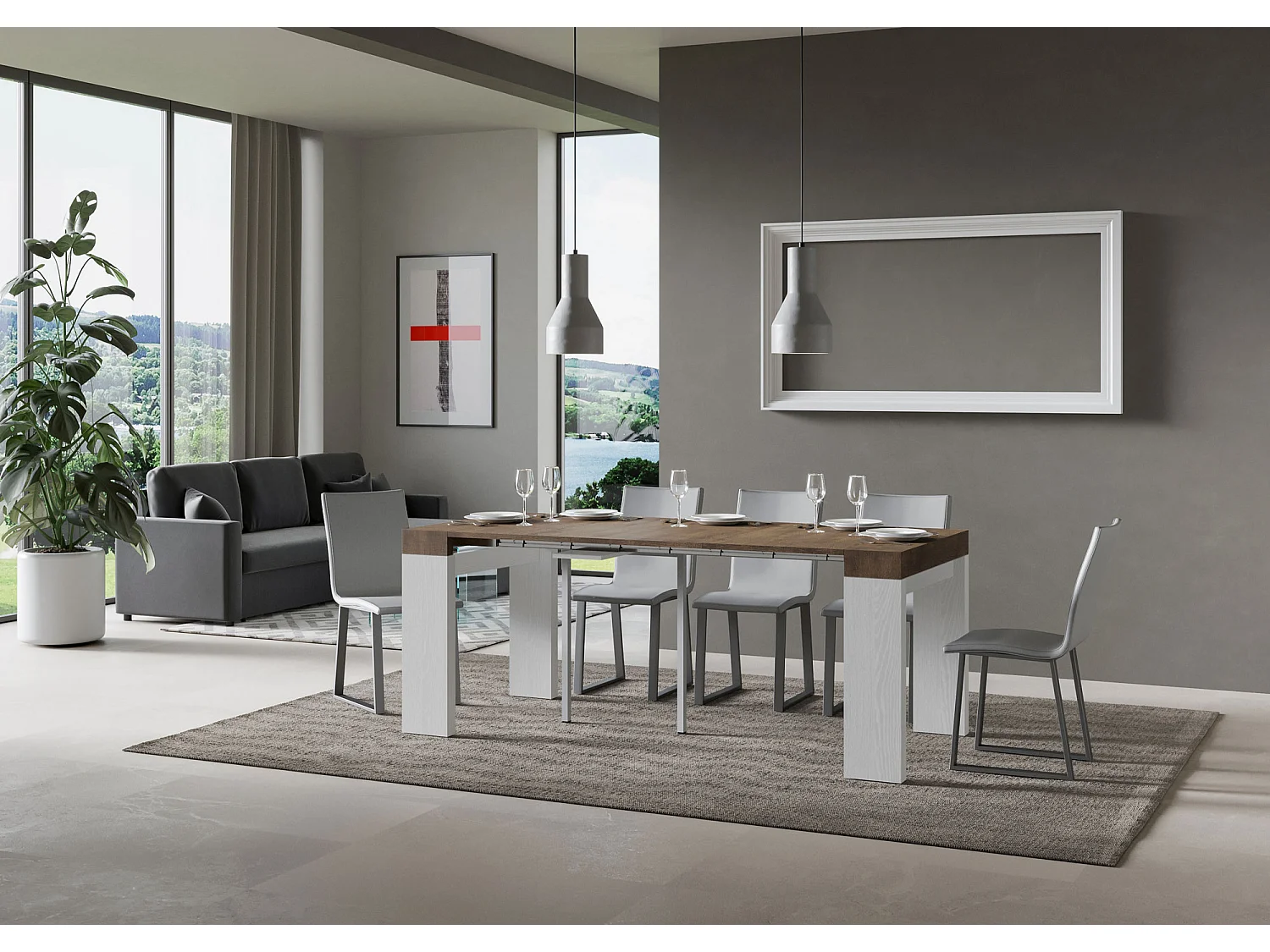 Console extensible bois noyer et pieds blanc 40 à 196cm 8 places Ribo-Sur roulettes