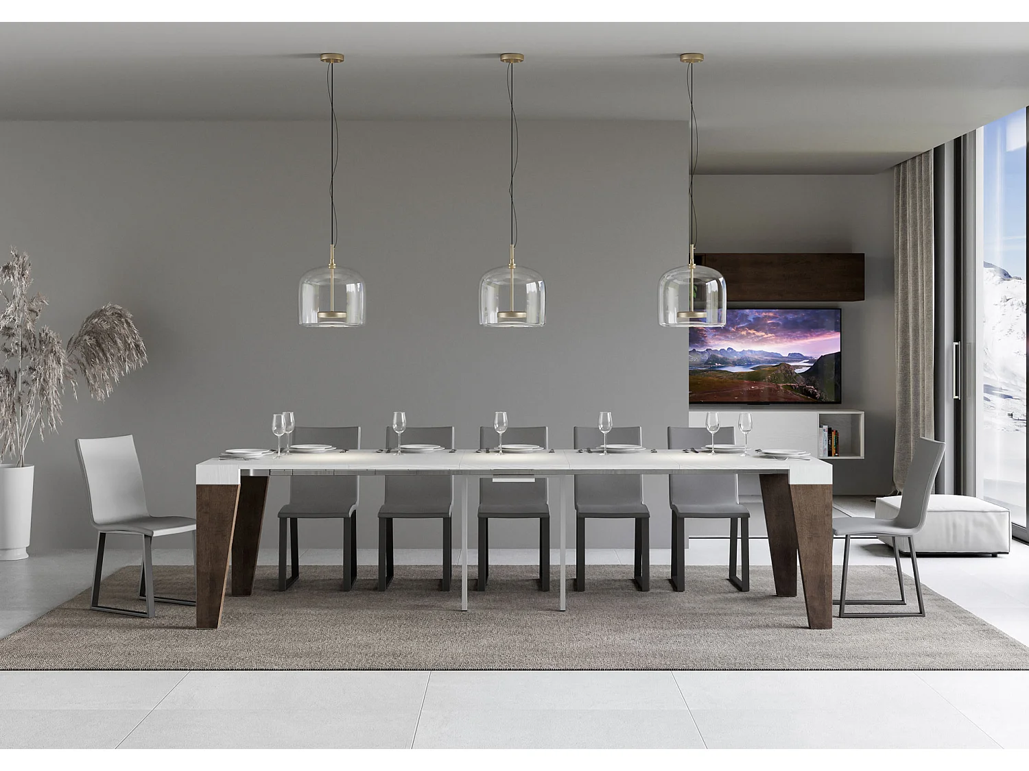 Console extensible blanche pieds bois noyer 12 personnes 40 à 300cm Naxo-Sur roulettes