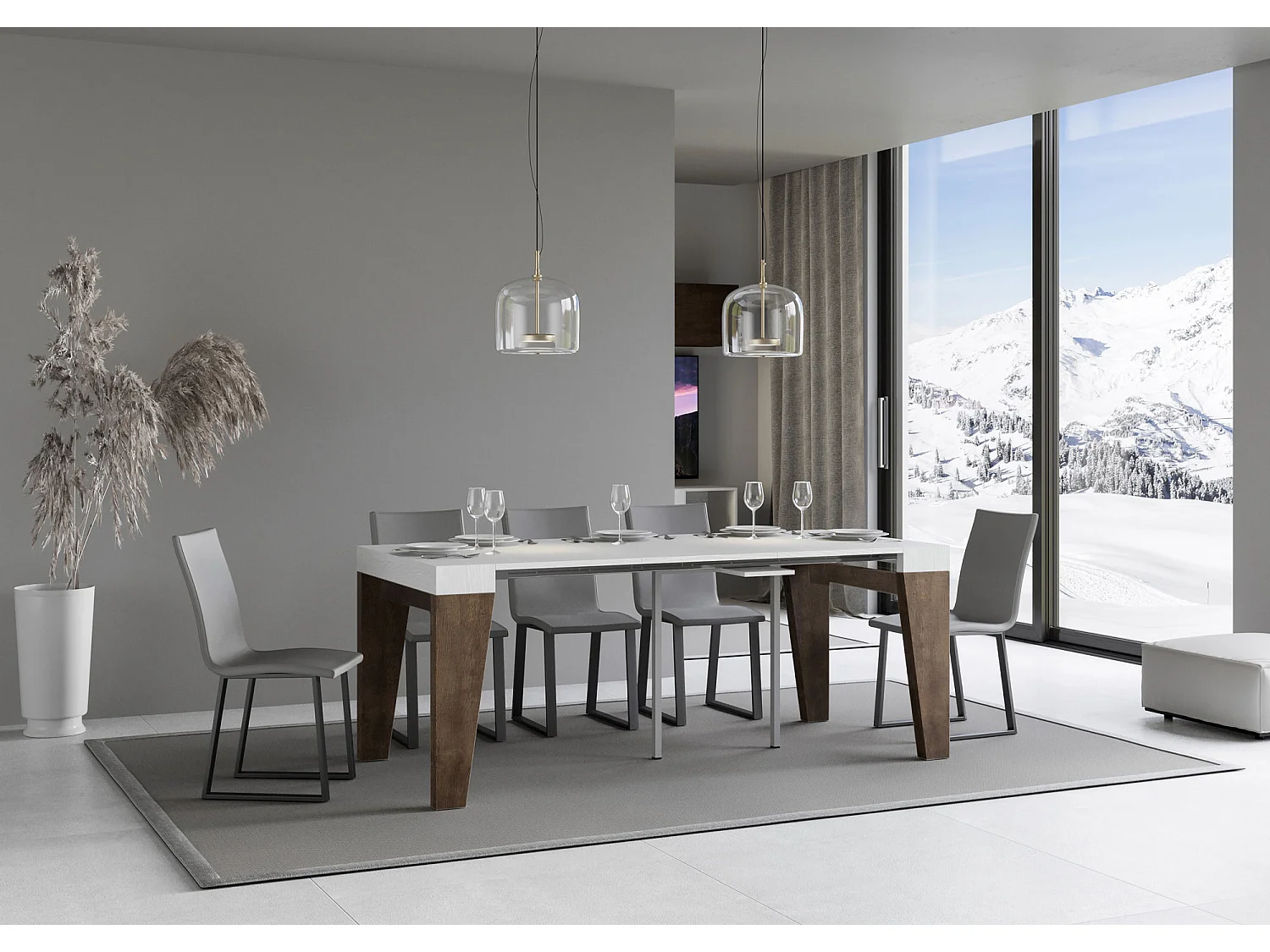 Console extensible blanche pieds bois noyer 12 personnes 40 à 300cm Naxo-Sur roulettes