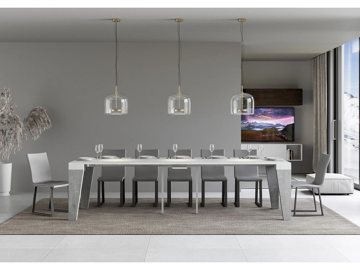 Consola extensible blanca con patas de madera gris cemento para 12 personas de 40 a 300 cm Naxo-Soporte 4 pies