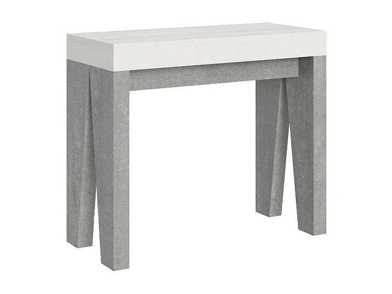 Consola extensible blanca con patas de madera gris cemento para 12 personas de 40 a 300 cm Naxo-Soporte 4 pies