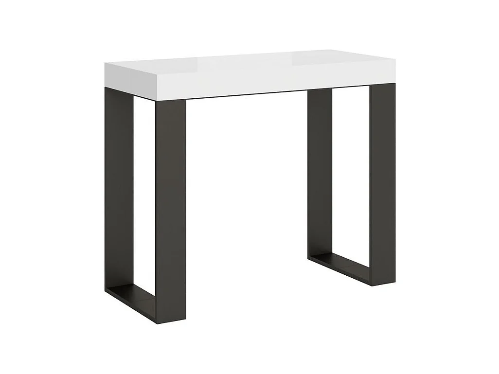 Consola extensible Lona de madera y acero 90x40/196 o 90x40/300 cm-Color Blanco-Soporte 4 pies-3 alargaderas gruesas