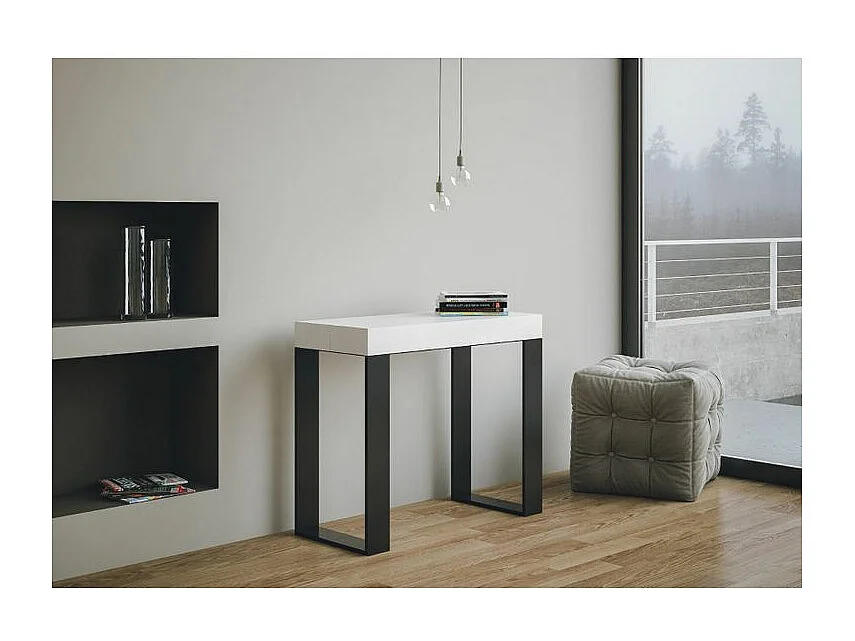 Console extensible bois et acier Tiroz-Couleur Blanc-4 pieds-3 rallonges épaisses