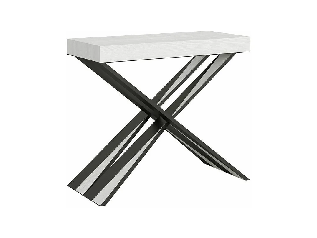 Console extensible bois pieds croisés anthracite Diago-Couleur Blanc-4 pieds-3 rallonges fines